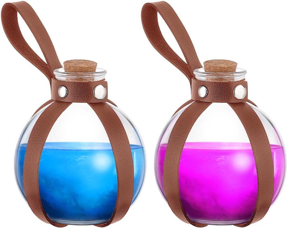 2 stuks kurkdrankfles, heks, bolvormige drankflessen met kurk, heks, bolvormige glazen fles, decoratieve flessen voor Halloween, feest, renaissance, cosplay, accessoires, zadelbruin