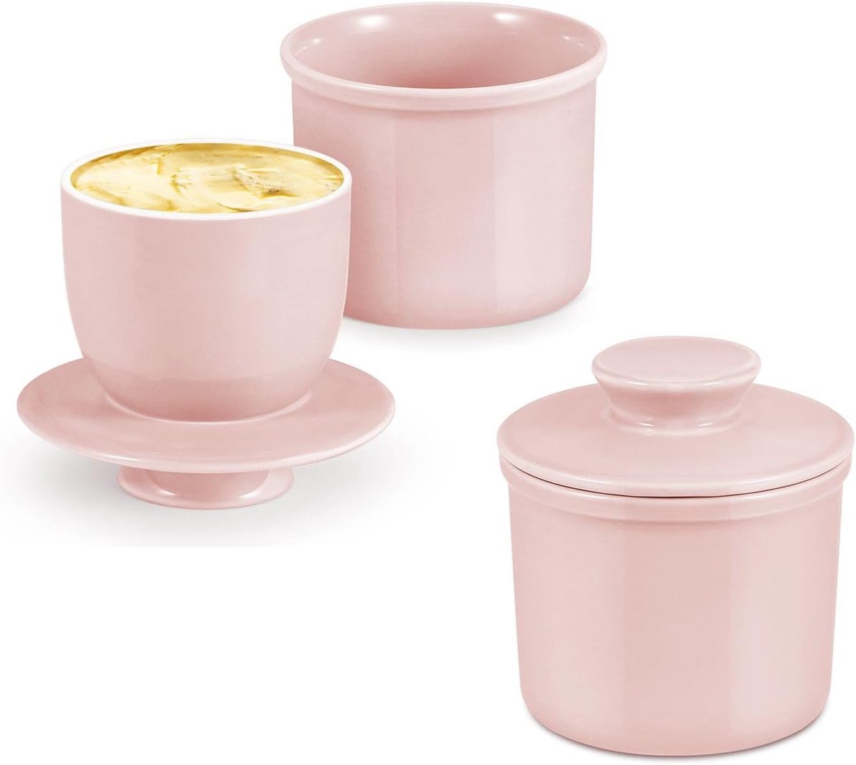 Porseleinen boter Crock Butter Keeper, Franse boterschotel met deksel, tafelblad smeerbaar zacht en zoet water verzegelde boterhouder café retro collectie boerderij decor 2 stuks (roze)