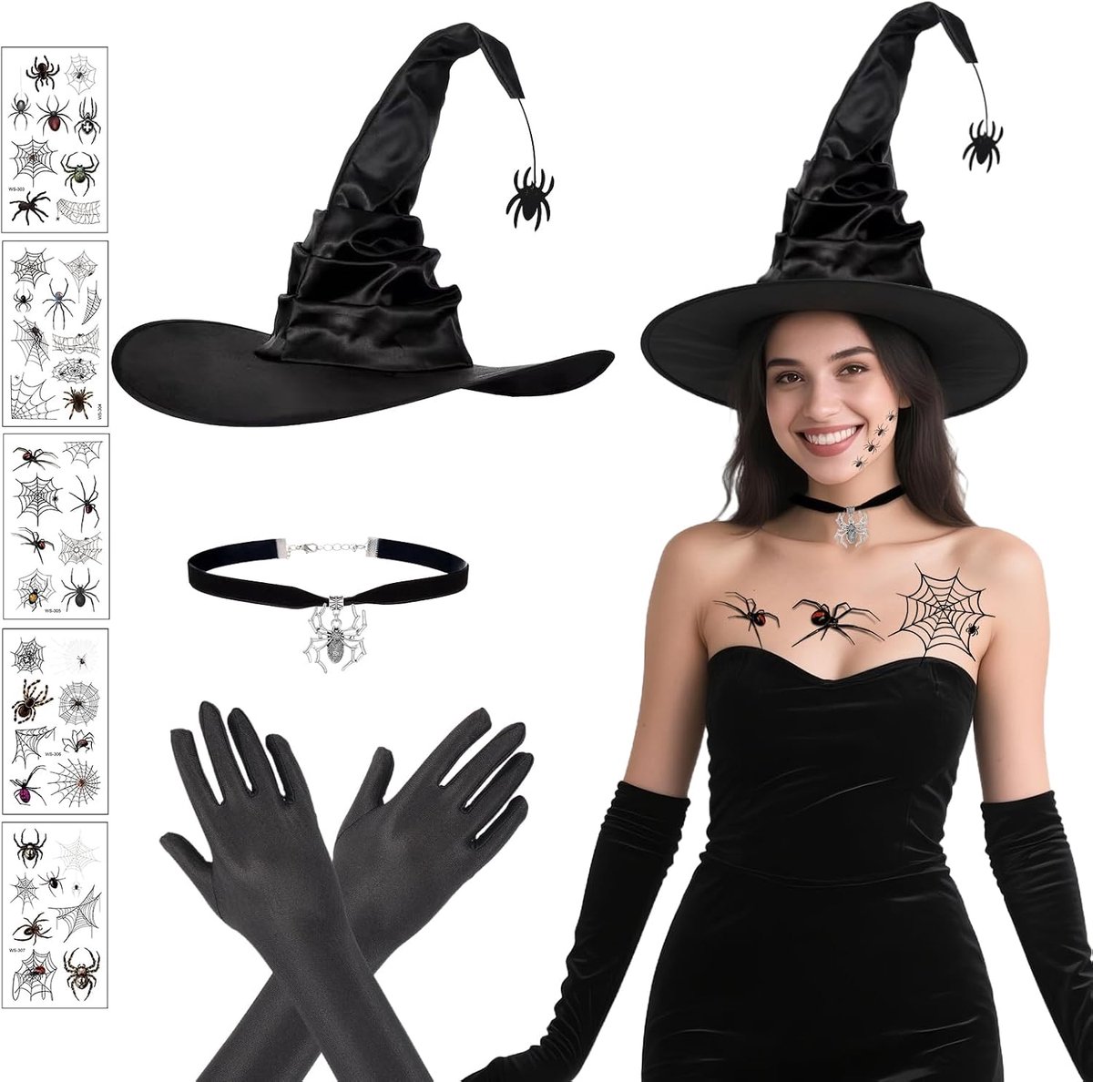 4-delige heksenhoed voor dames met heksenaccessoires set, zwarte heksenhoed met spin hanger & lange handschoenen & spin tattoo &gotische ketting,Halloween kostuum heksenhoedi damesaccessoire Witch Hat
