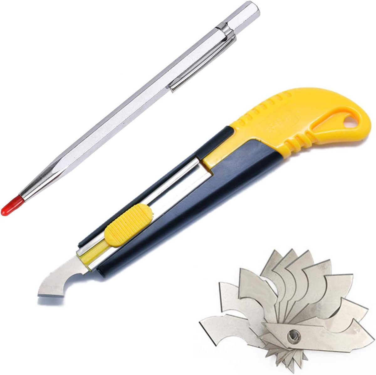 1 stuk acryl cutter en 10 stuks messen set multifunctionele snijder met snijblad glas aanscheurnaald hardmetalen snijpunt zilver