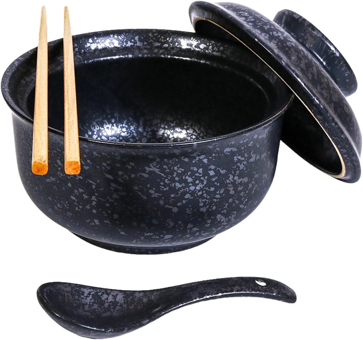 ramenkommenset, 800 ml, met deksel, lepel en eetstokjes, Japanse vintage grote soepkommen, instant noedelkom, Aziatisch servies (zwart)