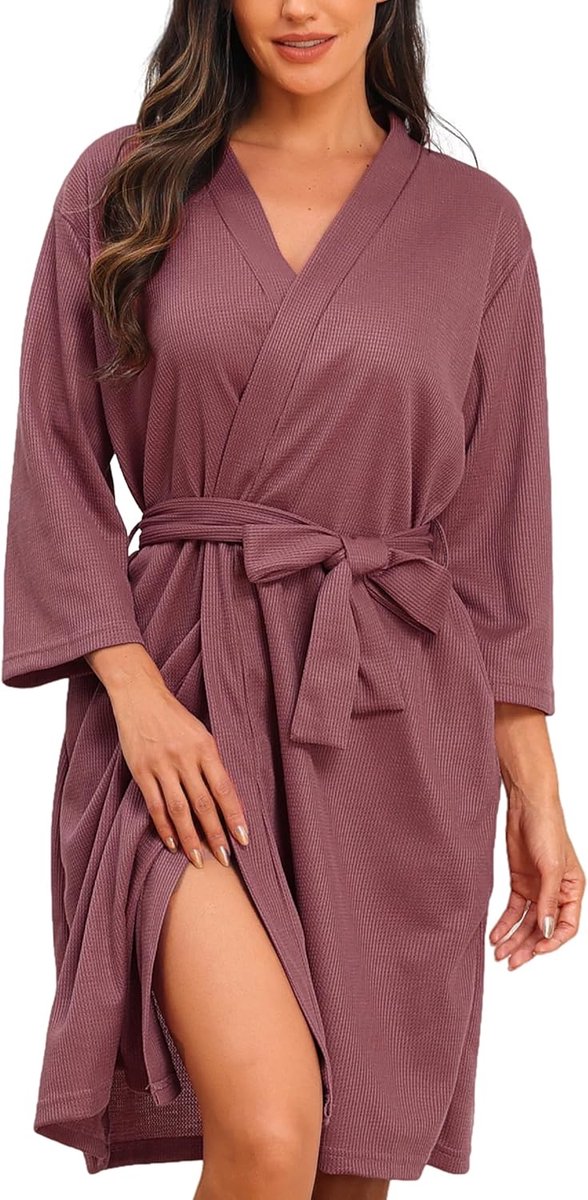 Korte kimono voor dames, met wafelpatroon, badjassen en ochtendjassen, zacht en licht, knielang, badjas met V-hals en riem