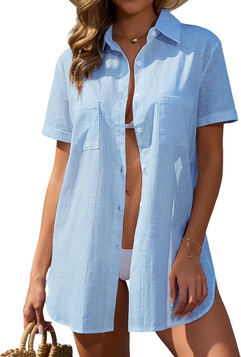 Badpak voor dames, zee, maxi, lang hemd, katoen, zomerhemd, strandjurk, los, casual, bikini cover-up