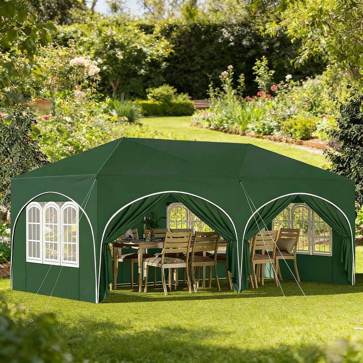 FloraGrace Partytent – 3 x 6 m – Hoogte Verstelbaar – Metaal en 210D Oxford Stof – Groen – Met 6 Afneembare Zijwanden