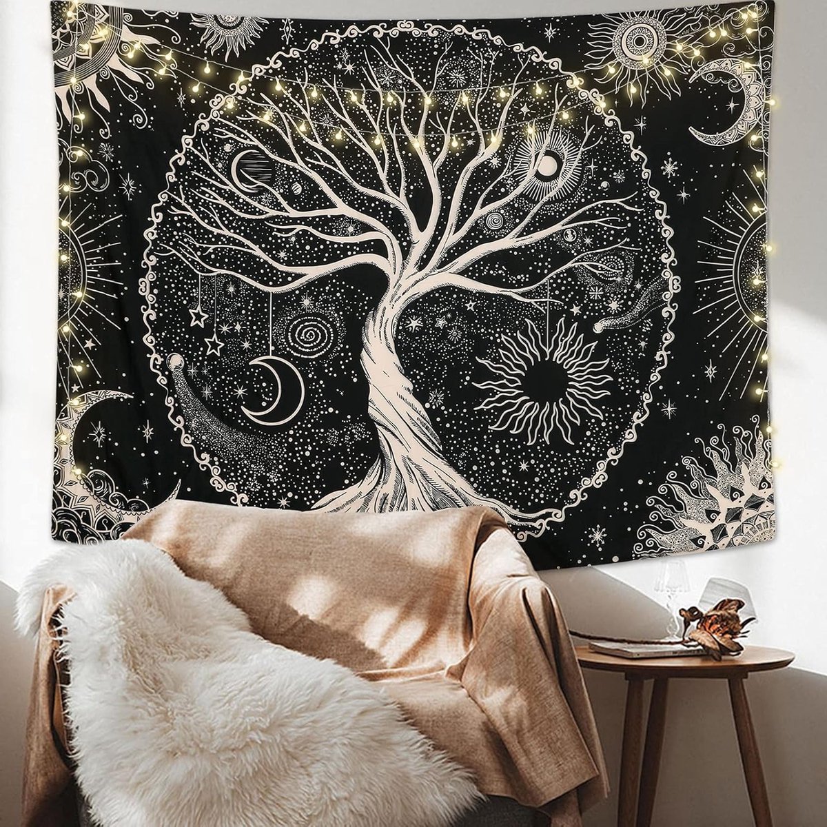 Boom des Levens Wandtapijt met Maan en Zon - Psychedelisch Mandala Wanddecoratie voor Slaapkamer, 175x230cm, Hippie Stijl en Sterrenhemel Design
