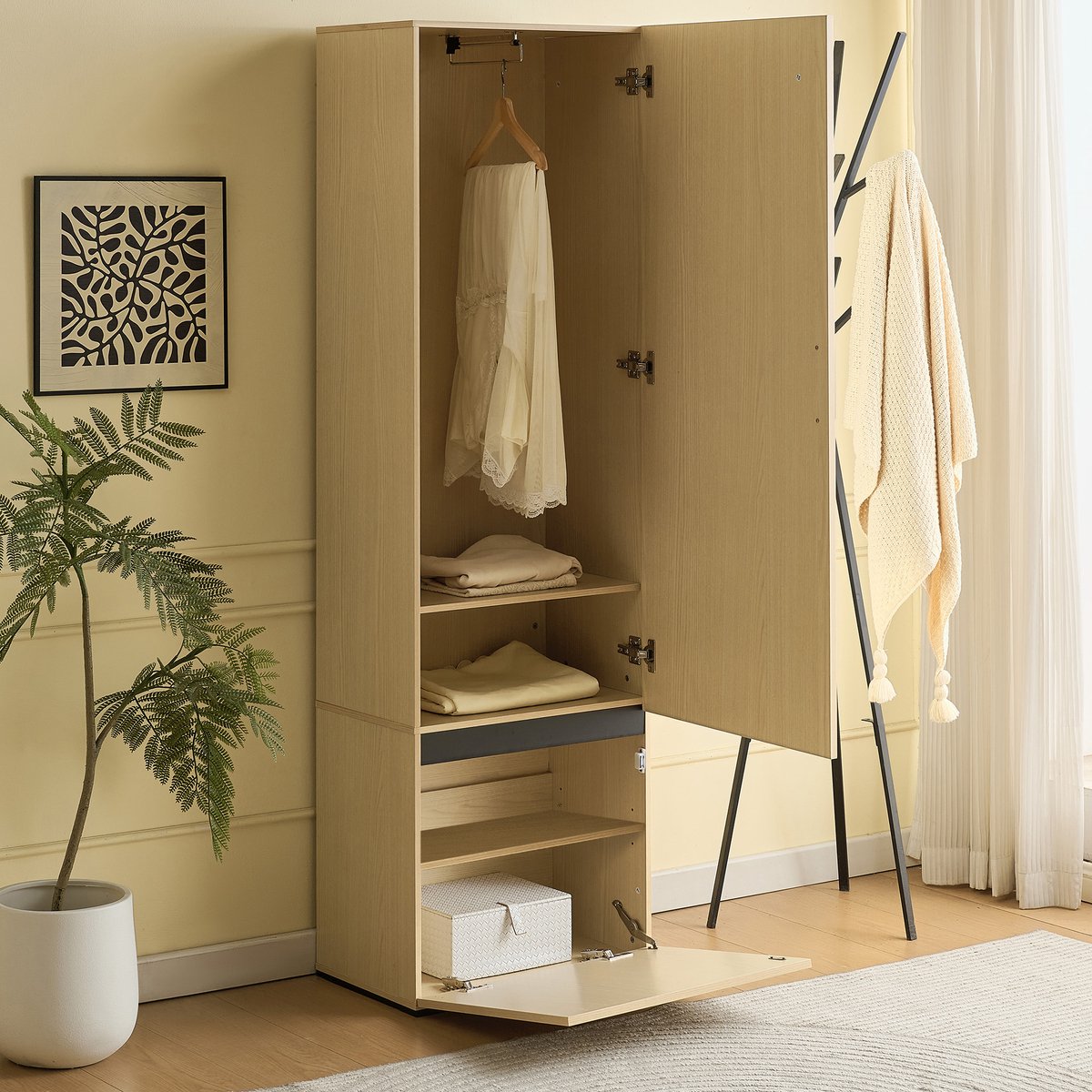 STILVORA Kledingkast - Smalle Garderobekast Met Spiegel - Uittrekbare Kledingstang Voor Hal En Slaapkamer - MDF - Houtkleur - 54x34,5x179,5 Cm
