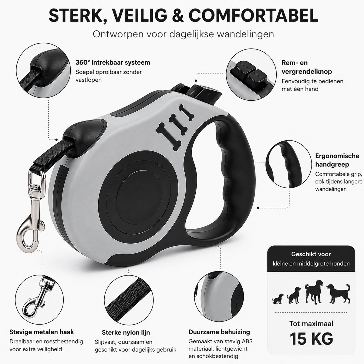 NAKA Home Intrekbare Hondenriem 5 Meter Grijs - Rollijn Hond thumbnail 6