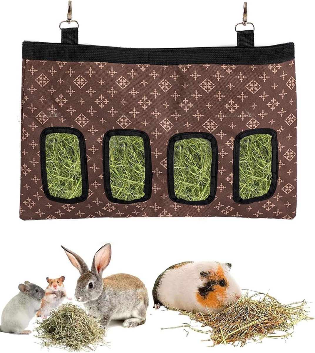 Hooizak voor konijnen en kleine dieren, hangende voederzak met 4 ramen, ideaal voor hooi en snacks