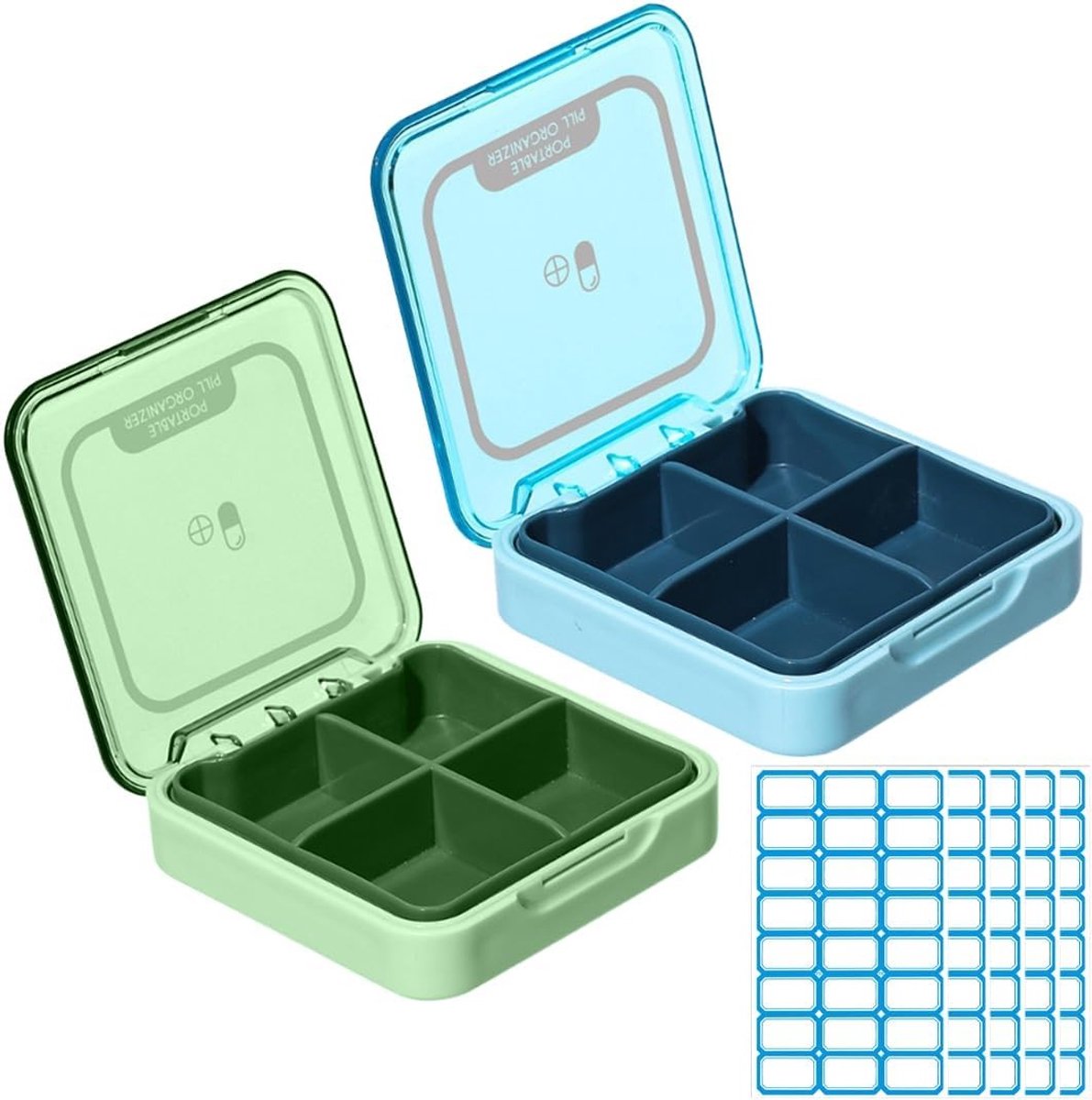 Tablettenbox 2 stuks met 4 vakken, mini pillendoos voor medicijnen en vitaminen, draagbare reisoplossing in groen en blauw