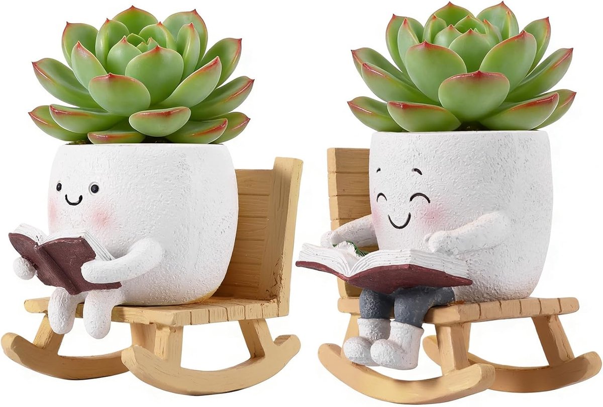 Thijox - Grappige Houkiper Bloempot voor Gezicht, 2 Stuks, Dubbele Schommelstoel van Hars voor Binnen en Buiten, Ideaal voor Vetplanten en Tuin Decora