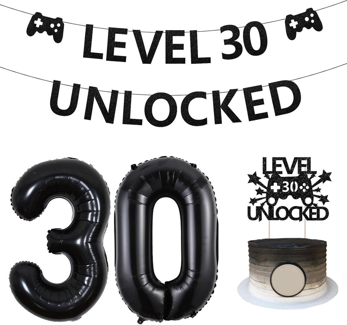 SnelShoppen - Level 30 Unlocked Verjaardagsdecoraties - Banner Cake Topper en 32 Inch Folie Ballon voor Gamer 30ste Verjaardag - Feest Decoratie Set
