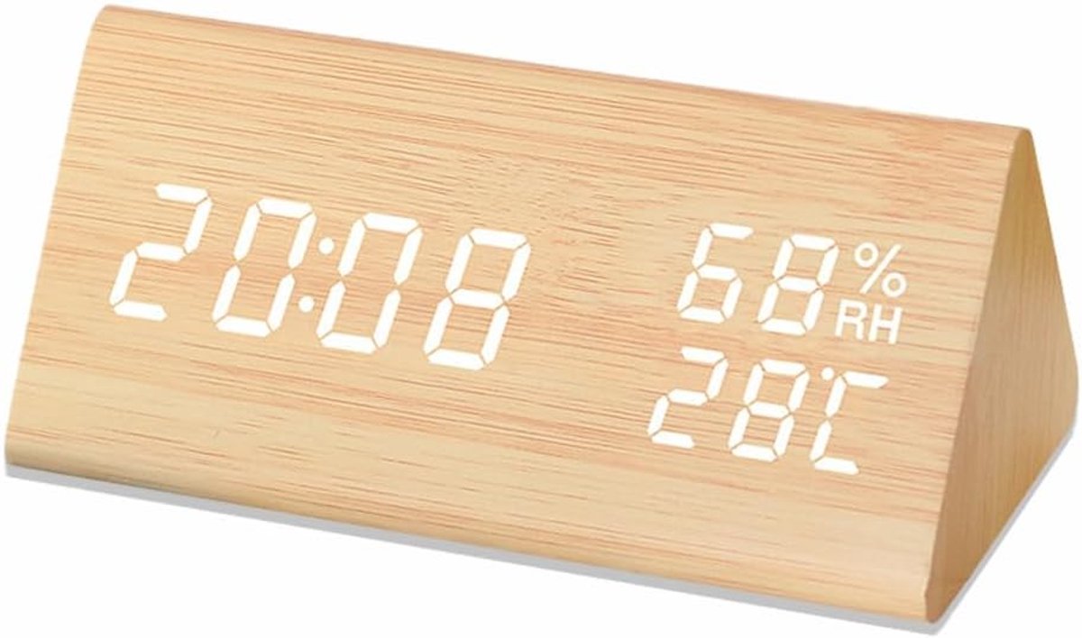 Thijox - Digitale Wekker Houten LED Tijdweergave met Datum, Temperatuur en Vochtigheid, 3 Alarminstellingen, 3 Helderheidsniveaus voor Thuis, Slaapkam