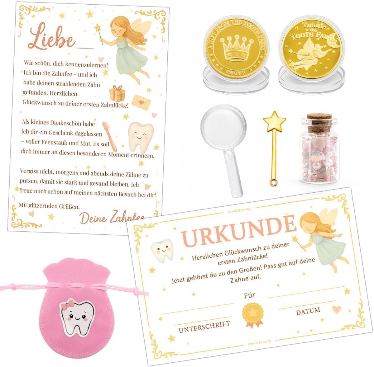 SnelShoppen - Magische Tandenfee Set voor Kinderen, Tandenfee Cadeaus met Tandenfee Munt, Melktand Zakje, Wensflesje, Mini Toverstaf en Vergrootglas,