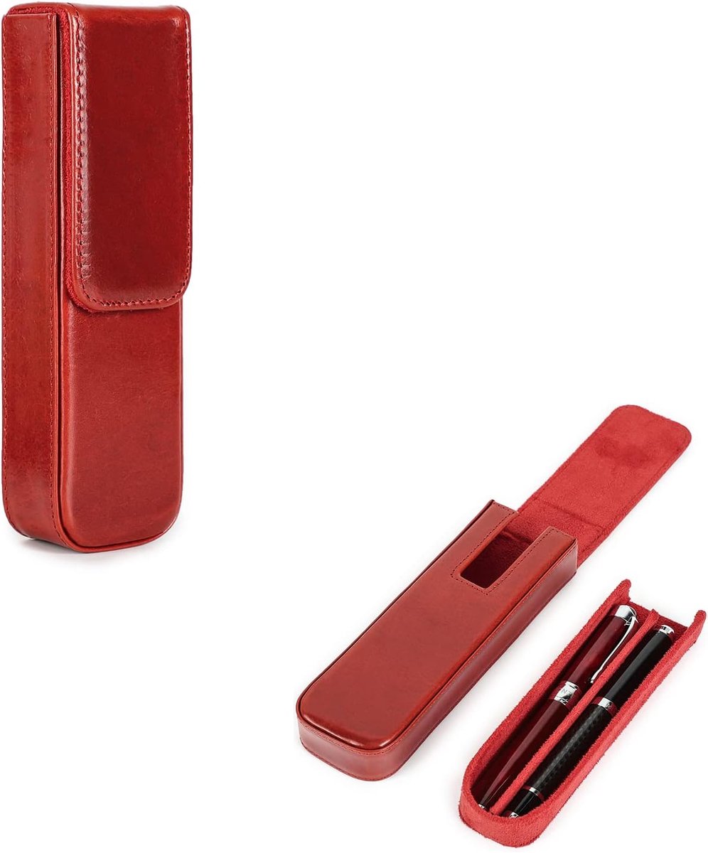 SnelShoppen - Hiram Pen Case voor 2 Pennen - Modern Design in Rood - Gemaakt van Hoogwaardige Plantaardig Geredde Leer met Verborgen Magnetische Sluit