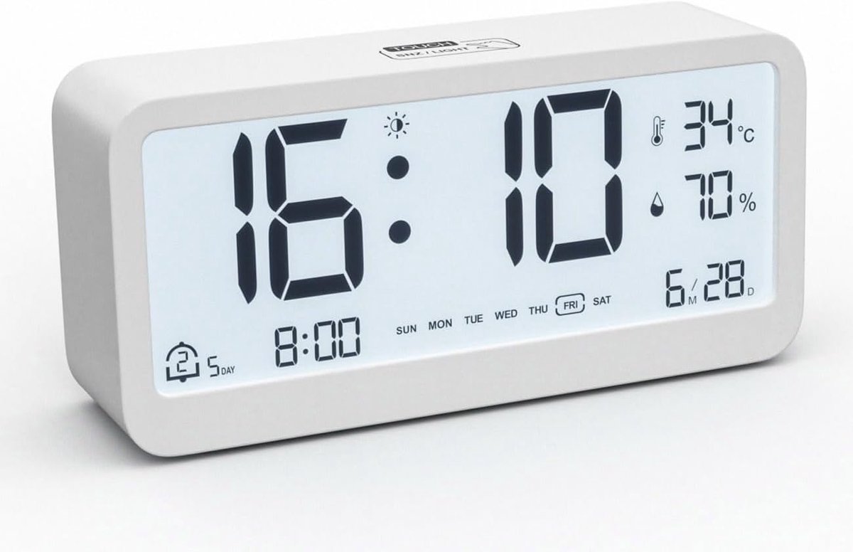SnelShoppen - Digitale Weerkleurige Wekker met Batterij, LCD Display, Datum, Temperatuur, Vochtigheid, Snooze, Backlight, Kleine Tafelklock voor Thuis