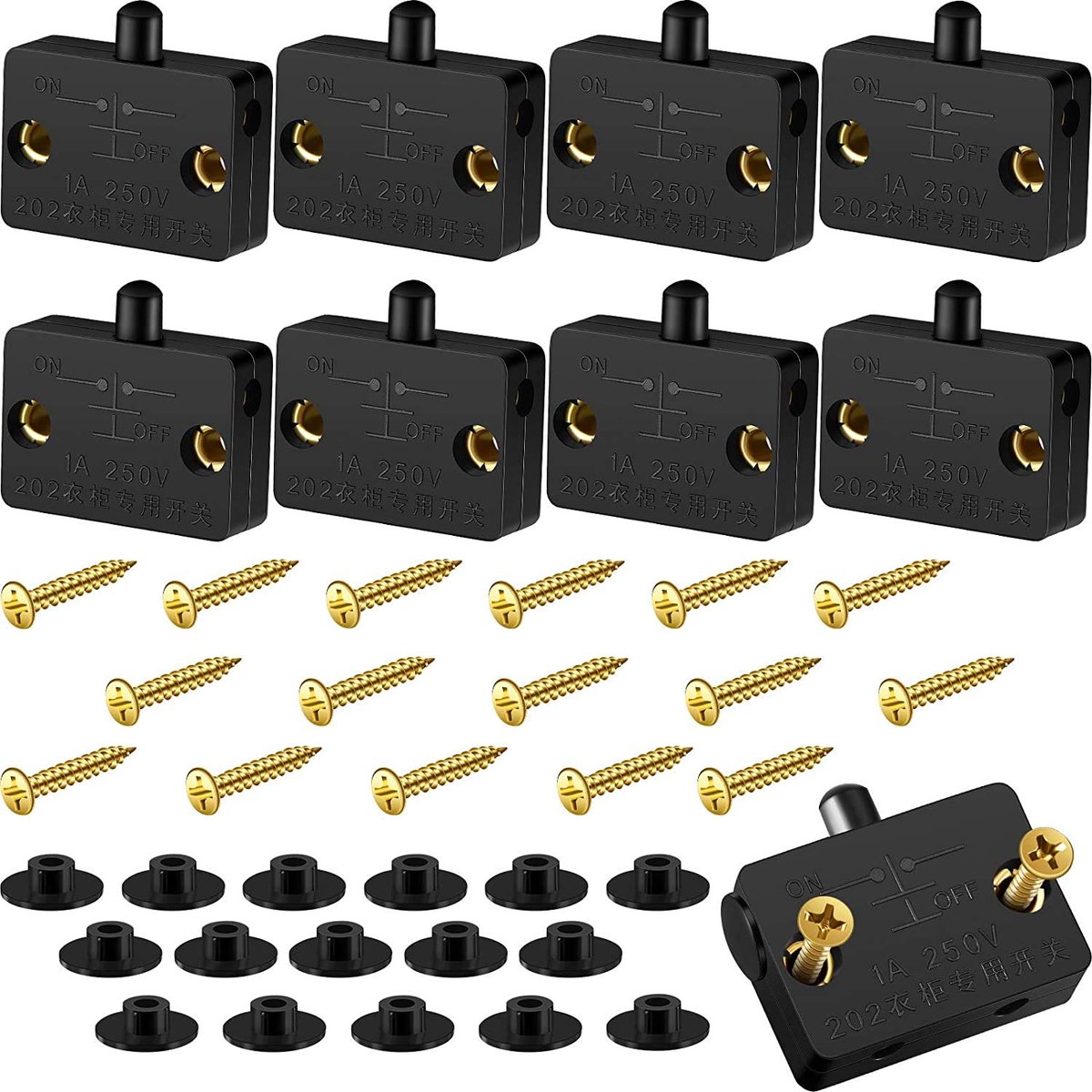 SnelShoppen - 8-Pack 1A 250V Kastdeur Lichtschakelaar Automatisch Drukknop Voor Kasten, Garderobes, Wijnkasten, Zwart