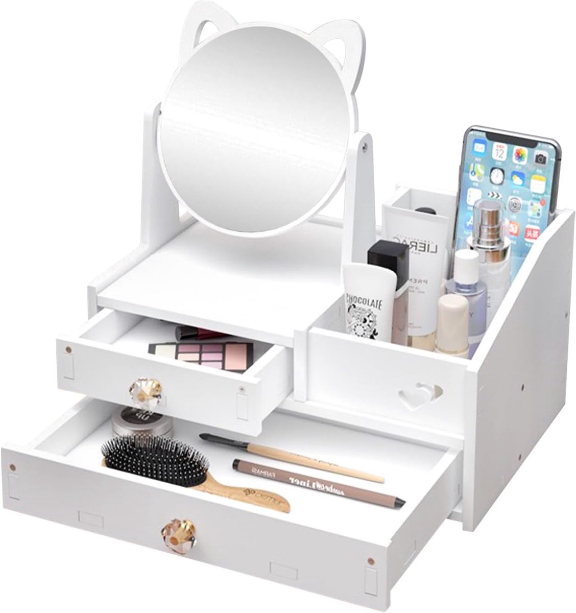 SnelShoppen - Makeup Organizer met Spiegel en Lades, Multifunctionele Make-up Opbergdoos, Duurzaam PVC, Perfect voor Bureau en Make-up Tafel, Zwart