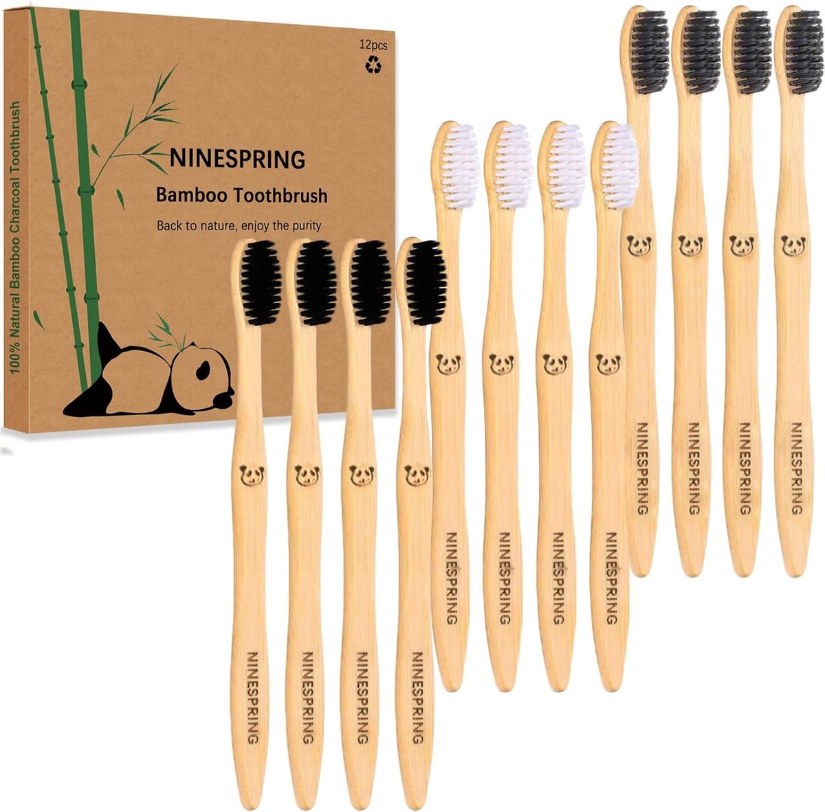SnelShoppen - 12 Stuks Bamboe Tandenborstels met Zachte Haren, Natuurlijke Houten Tandenborstel, 100% BPA Vrij, Biologisch Afbreekbare Houtskool Tande