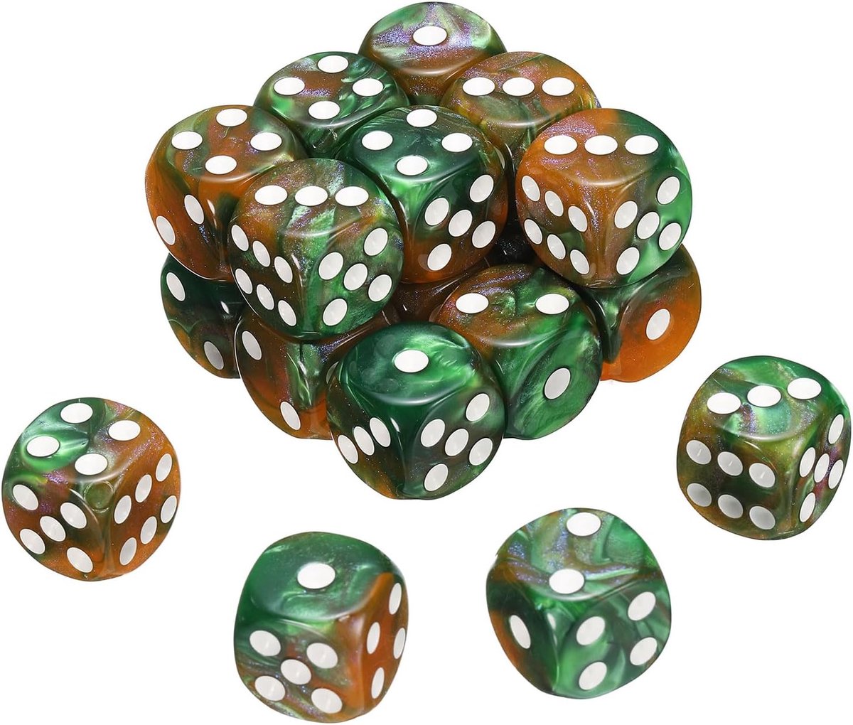SnelShoppen - 20 Stuks Mini Dobbelstenen D6 16mm Acryl met Parelpatroon - Groen en Geel/Witte Stippen voor Tafelspellen, Feest en Spelletjes