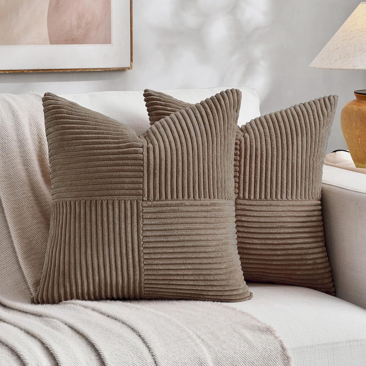 SnelShoppen - Set van 2 Boho Kussenslopen 45x45 cm Corduroy Modern Zacht met Kruispatroon Decoratief voor Bank Slaapkamer Lichtbruin