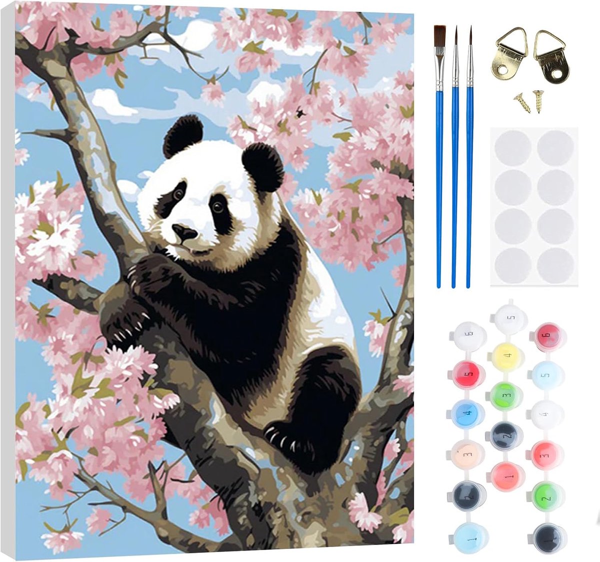SnelShoppen - Panda Schilderen op Nummer Set voor Kinderen 5-7 Jaar met Lijst, 3 Penseel en Acrylverf, 20 x 30 cm, Creatieve Activiteit voor Meisjes e