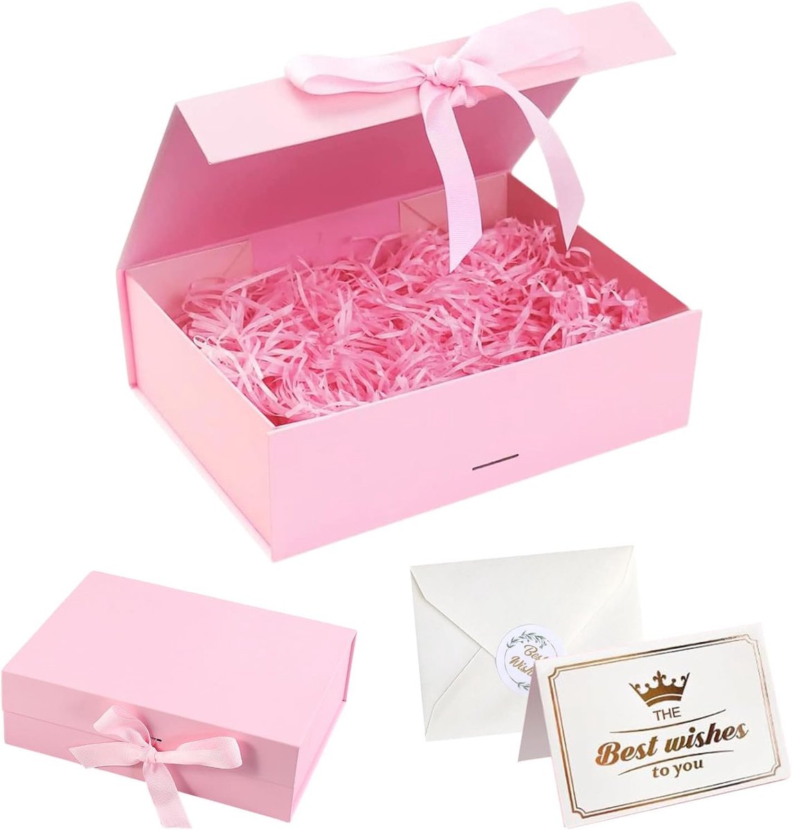 SnelShoppen - Gift Packaging Box 23x17x7cm met Deksel - Roze Cadeau Box voor Trouwen, Verjaardagen, Jubilea - Inclusief Vulling en Wenskaart