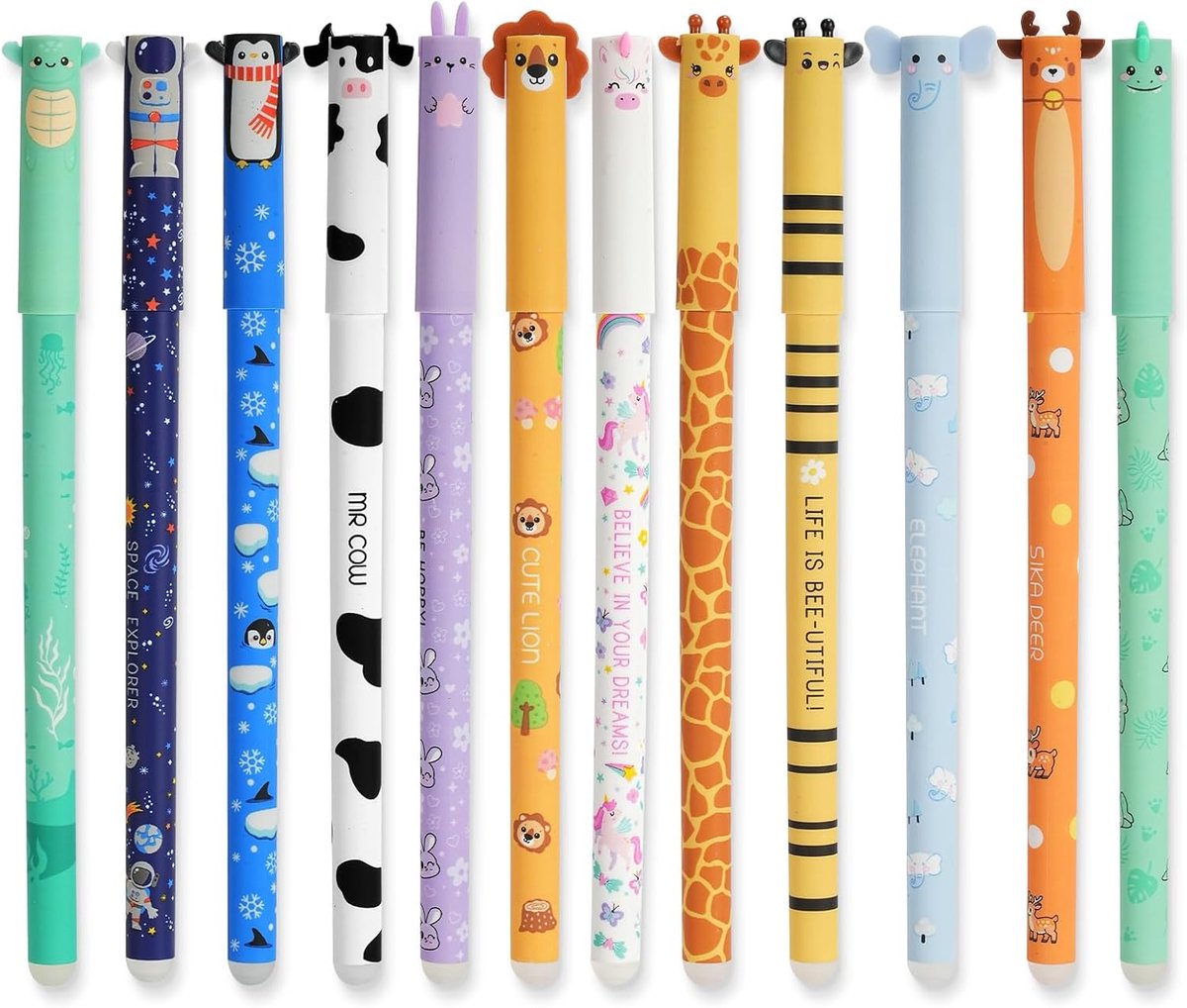 Thijox - Uitwisbare Gelpennen met Warmtegevoelige Inkt, 12 Stuks - 0,7 mm Punt, 8 Kleuren, Dierenvorm, Ideaal Cadeau voor Kinderen, Eerste Schooldag,