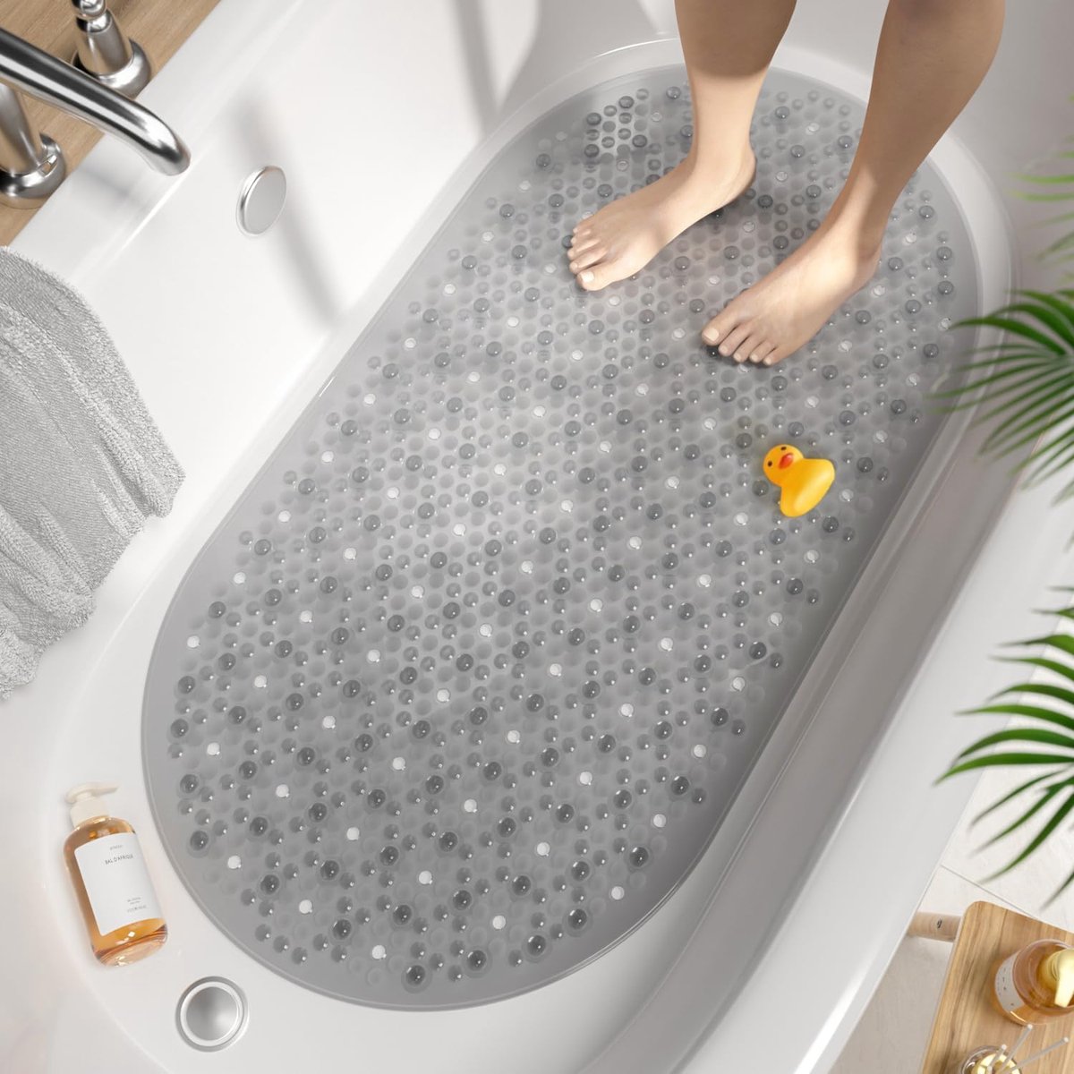 SnelShoppen - Antislip Badmat Oval 68 x 38 cm - Rutschfest Badewannenmatte met 167 Zuignappen - Machinewasbaar en BPA-vrij - Mold Resistend - Grijs