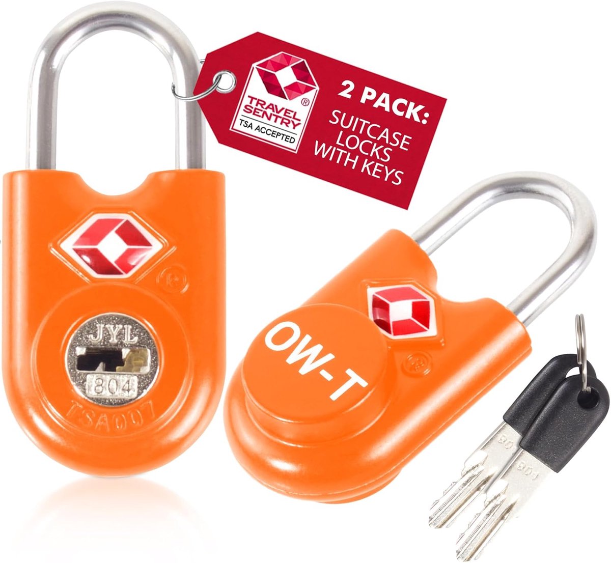 SnelShoppen - TSA Hangslot met Sleutel, Kofferslot, Bagageslot, Oranje 2 Stuks, Robuuste Zinklegering, Veiligheidslock voor Reizen, Rugzak, Gereedscha