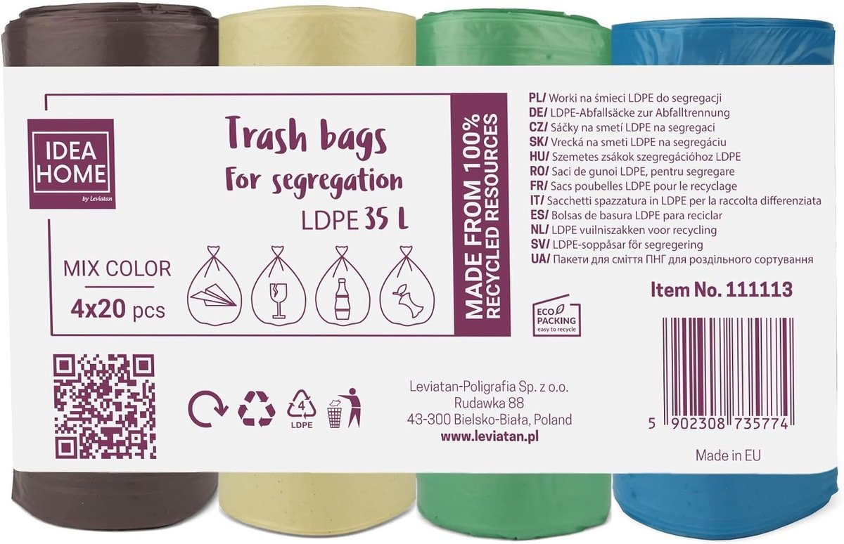 SnelShoppen - Duurzame Vuilniszakken 35L, 80 Stuks, Plastic Afvalzakken voor Keuken, Sterk en Betrouwbaar, Recyclebare Huishoudelijke Zak, 4 Kleuren