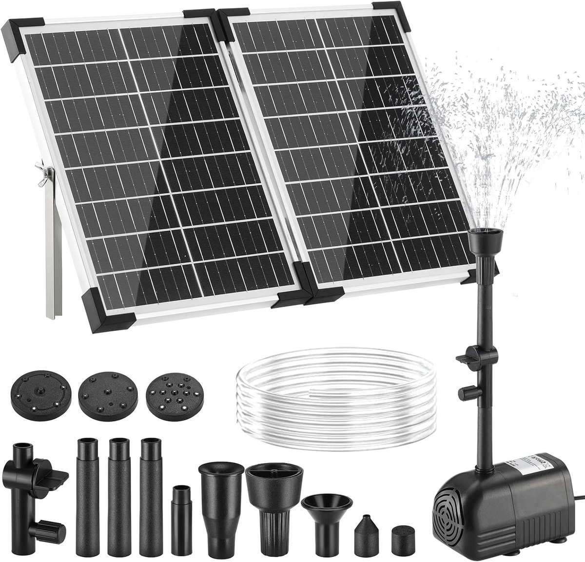 SnelShoppen - 25W Zonne Fountain voor Tuin en Vijver, 260L/U, Max 200cm, 100% Glas Paneel met Borstelloze Motor, Inclusief 8 Sprayers en 2 Vervangfilt