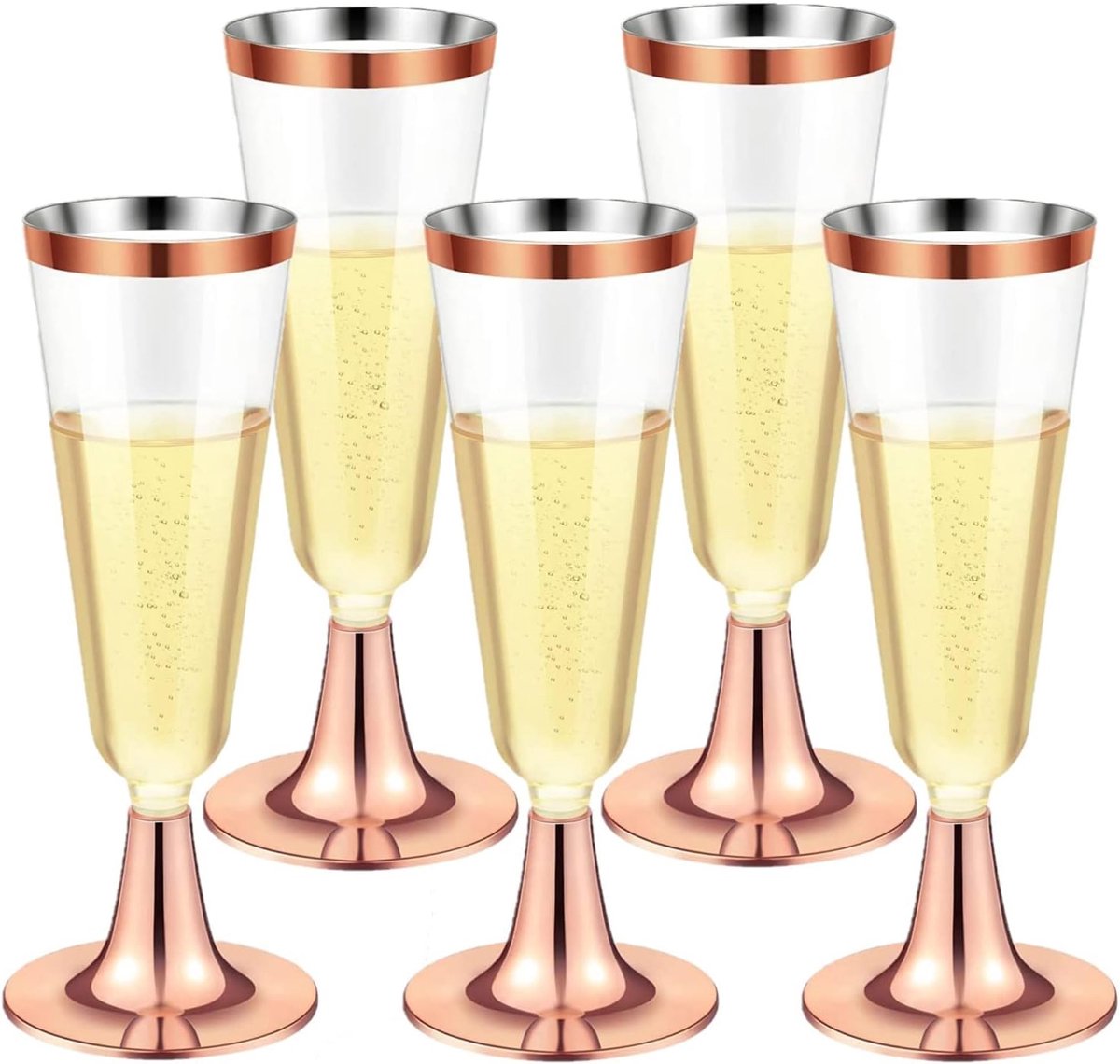 SnelShoppen - 30 Stuks Plastic Champagne Flutes 150ml - Roze Gouden Wijnbekers met Steel voor Feest, Bruiloft, Jubileum, Babyshower, Tuin - Herbruikba