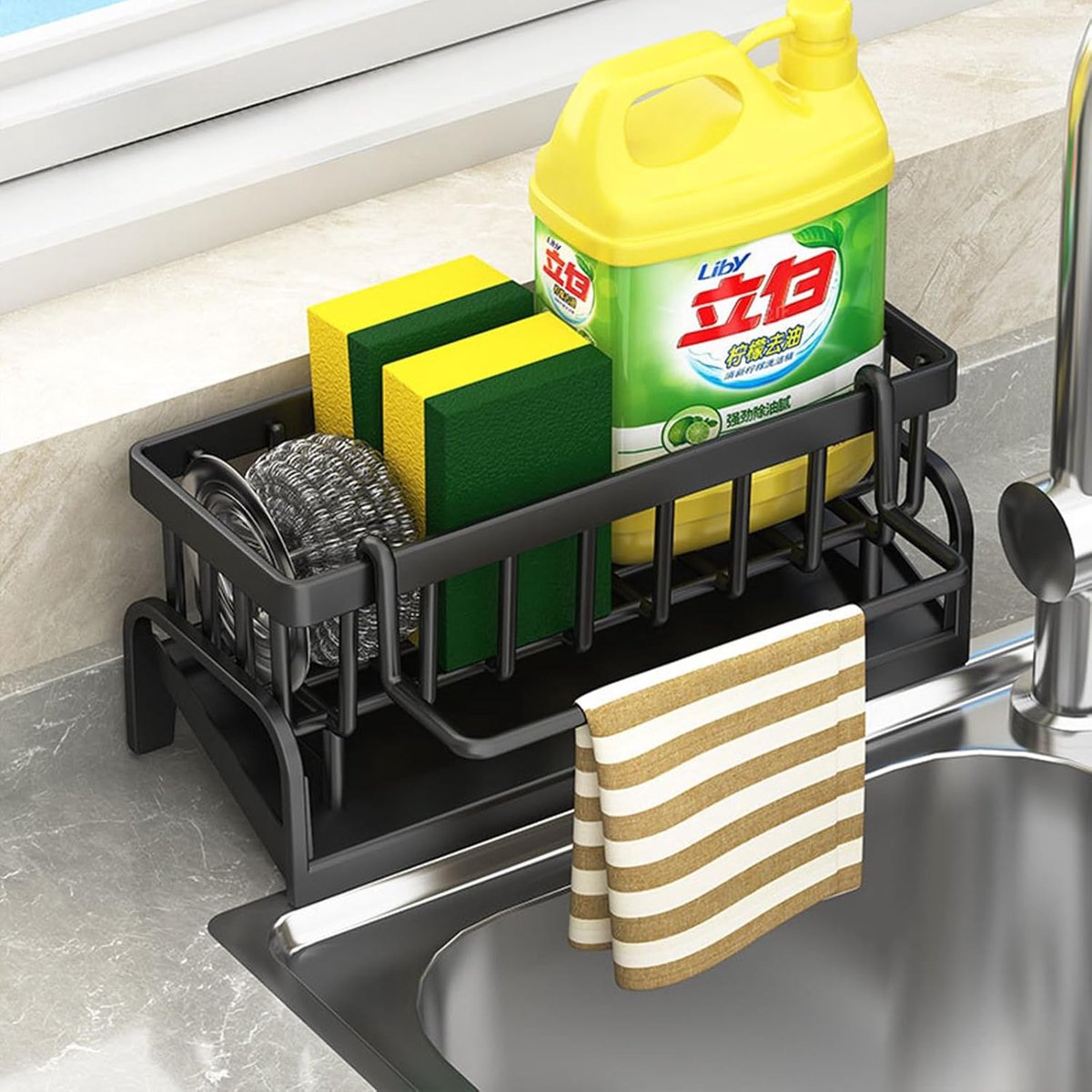 SnelShoppen - Sponge Holder Keuken, RVS Towel Holder, Organizer voor Afwasborstels, Zeepflessen en Sponsen, Zwart, 23x9.5x10.7 cm