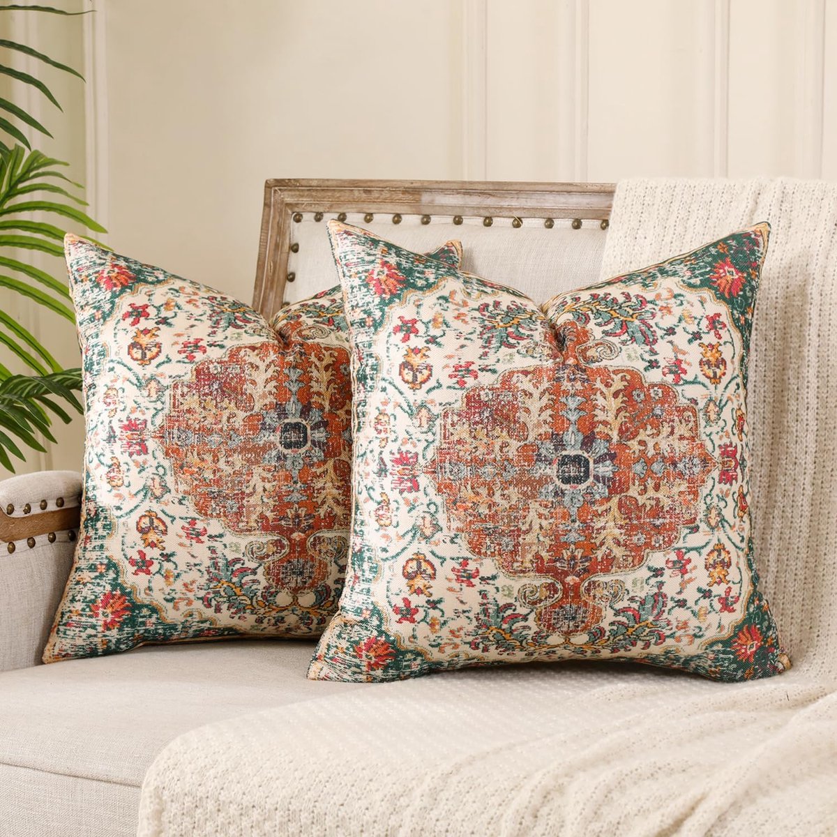 SnelShoppen - Set van 2 Boho Kussenhoezen 45x45 cm, Groene Ethnische Decoratieve Kussens, Dubbelzijdig Patroon, Polyester, Ideaal voor Sofa, Tuin en L