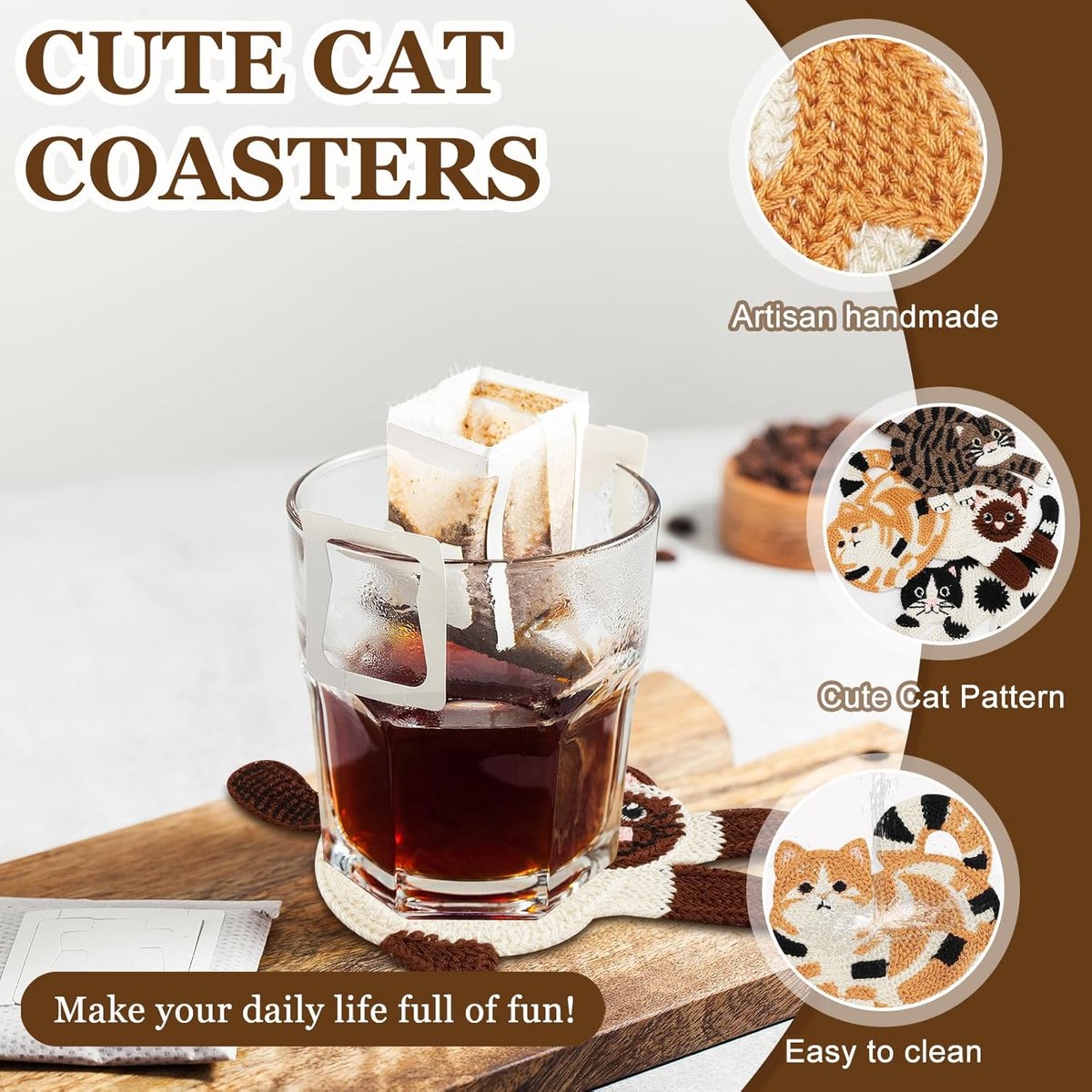 SnelShoppen - Drink Coasters - Handgemaakte Onderzetters voor Kopjes - Leuke Cartoon Kat Design - Katoenen Glas Onderzetters - Gevlochten Coasters voo