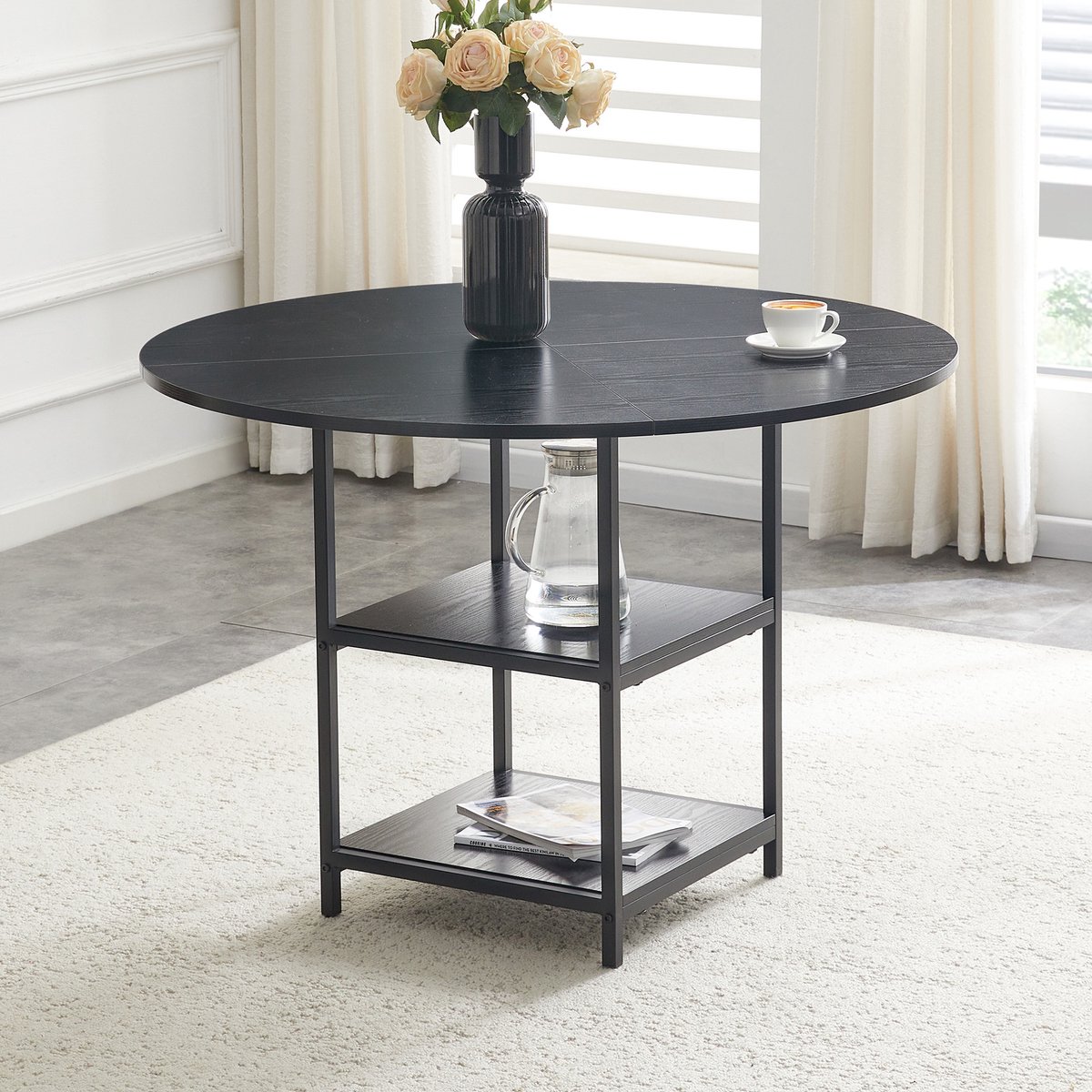 COVREO Eettafel 107x107x75 cm – zwart MDF met houtlook, metalen onderstel, 2 opbergplanken