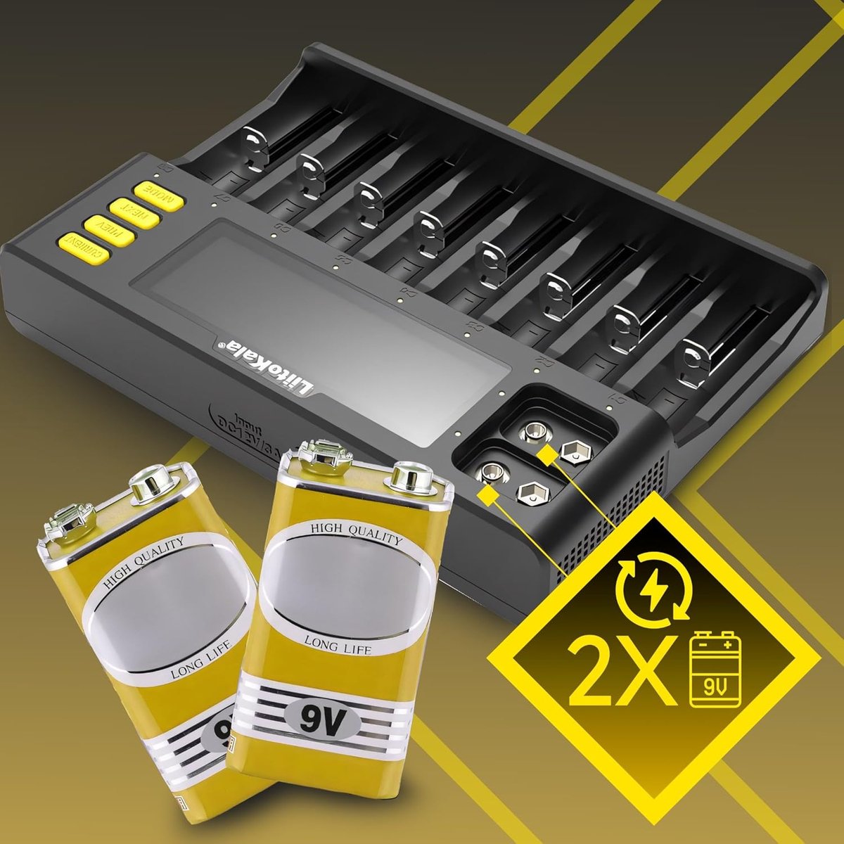 SnelShoppen - Universele Snellader voor AA, AAA, 9V Ni-MH/Ni-CD, Li-ion 3.70V/3.80V, LiFePO4 3.20V - 12 Oplaadstations met LCD Display, Zwart