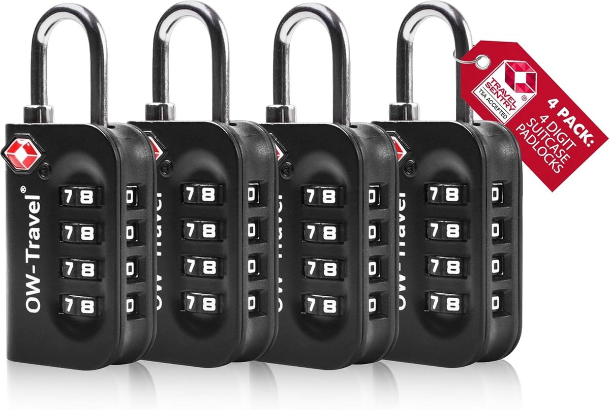 SnelShoppen - TSA hangslot met cijferslot - 4-cijferige combinatie - Luggage lock voor koffer, rugzak, gymtas, zwart - Set van 4 stuks