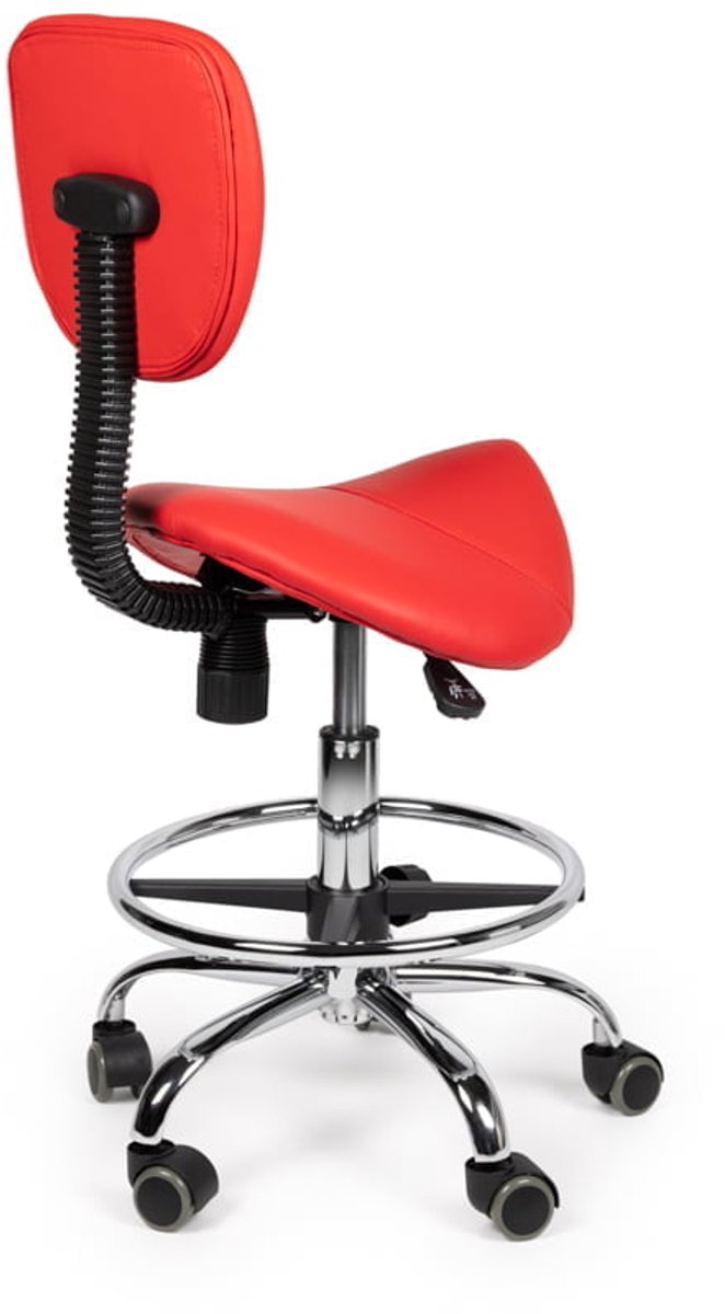Ergonomische Zadelkruk Rood met Rugleuning – Verstelbare Zadelstoel met Wielen – Comfortabele Werkkruk voor Salon, Kappers & Thuis - Zithoogte 40-56cm - met Voetsteun