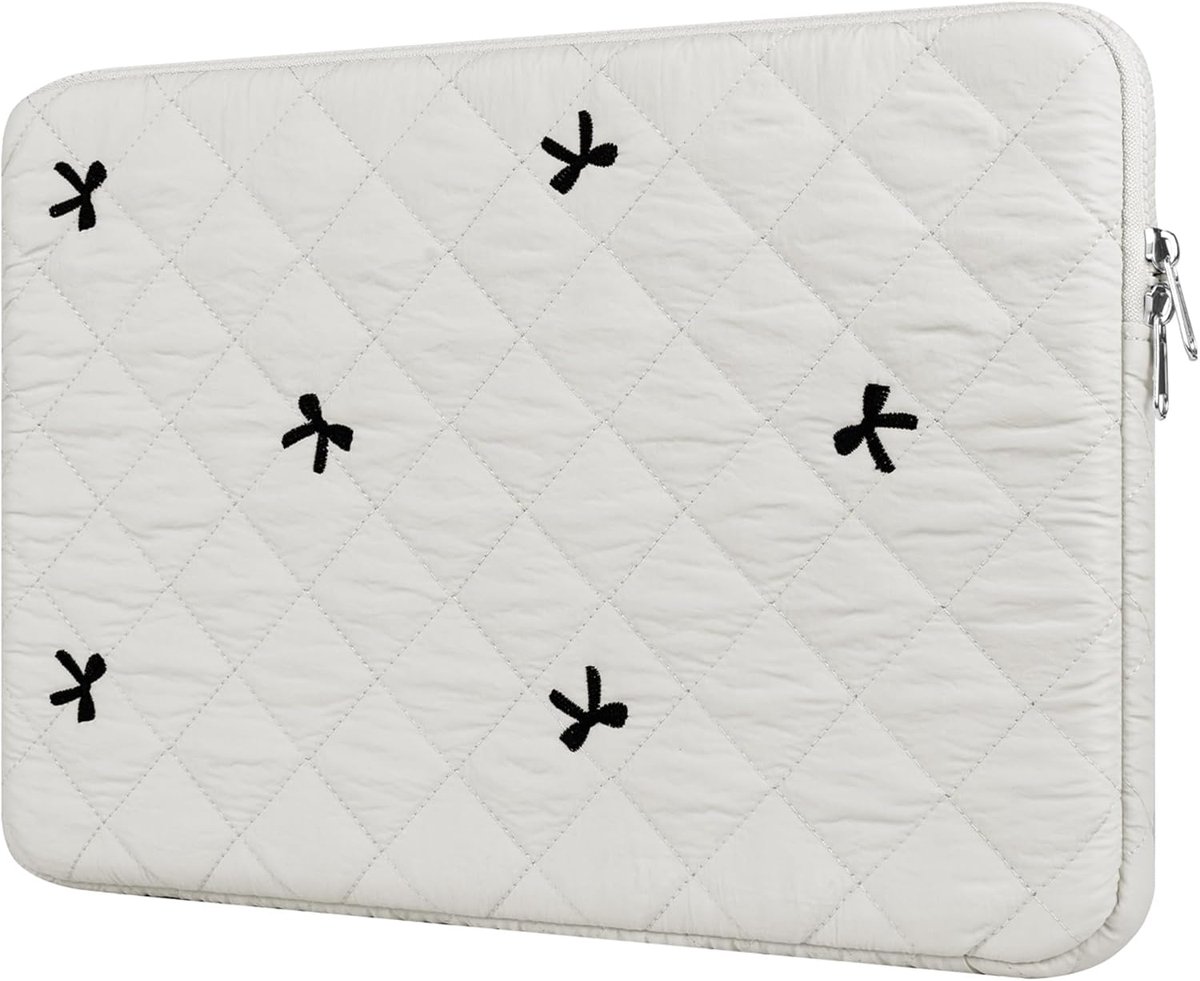 SnelShoppen - Laptop Sleeve 13-14 Inch Laptop Sleeve Case met Geborduurde Strikjes, Zachte Bescherming voor MacBook/Chromebook/PC, Wit, Ideaal voor Sc