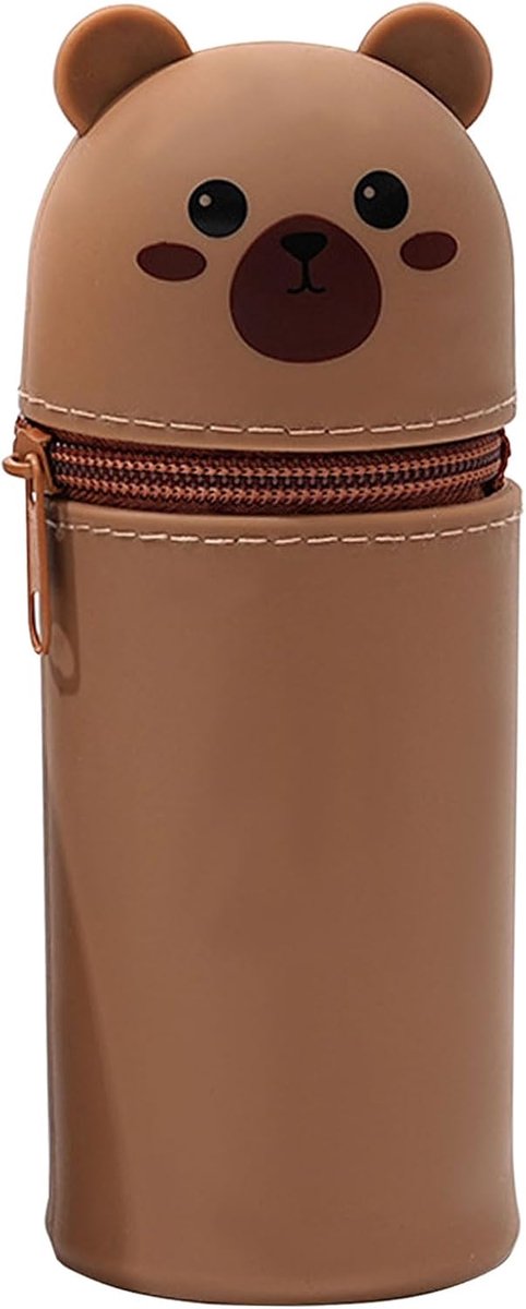SnelShoppen - 2-in-1 Schooltas Silicone Bruine Beer - Penhouder en Pennen Etui - Groot Capaciteit - Uittrekbaar voor Stationery Opslag