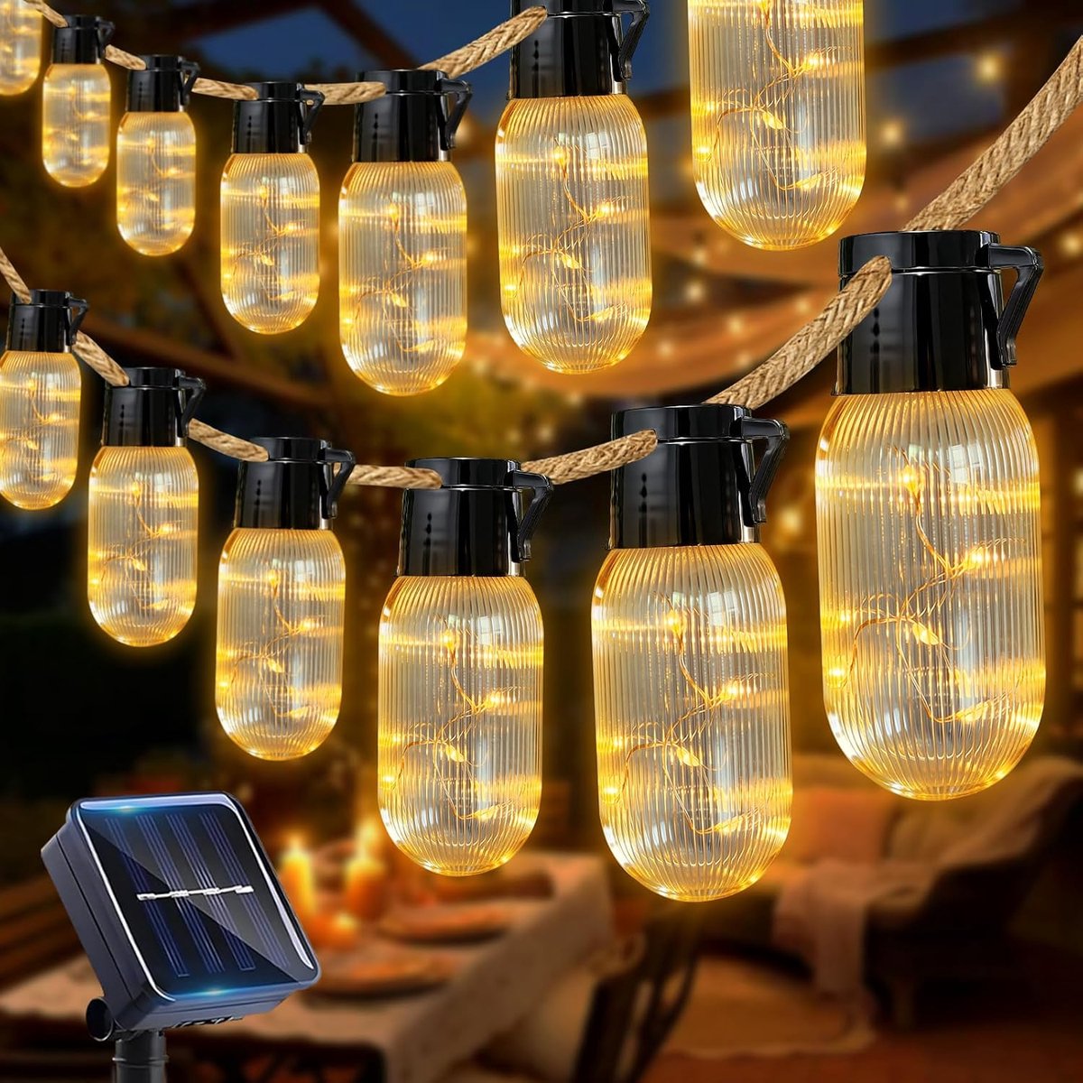 SnelShoppen - Lichtsnoer Buiten met 15 LED's, Zonne-energie, 8 Modi, Weerbestendig IP65, Henneptouw voor Tuin, Balkon, Terras, Feestverlichting