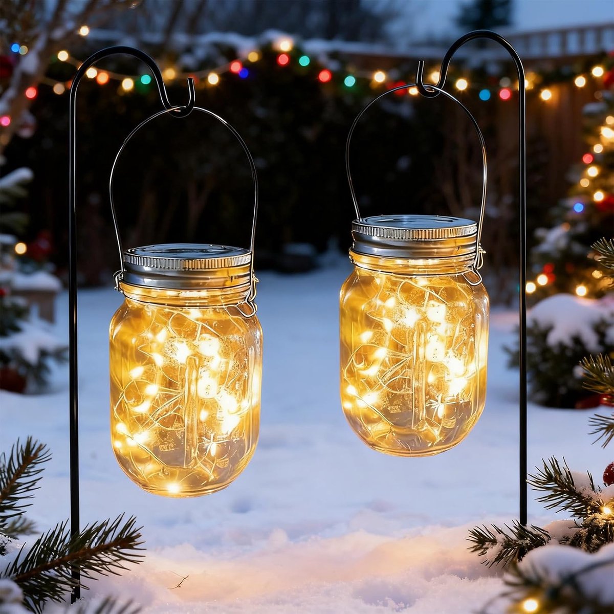 SnelShoppen - 2 Pack Solar Lanterns - Waterproof Hanging Lanterns voor Tuin, Balkon, Patio, Feest, Warm Witte LED Verlichting in Glazen Jars
