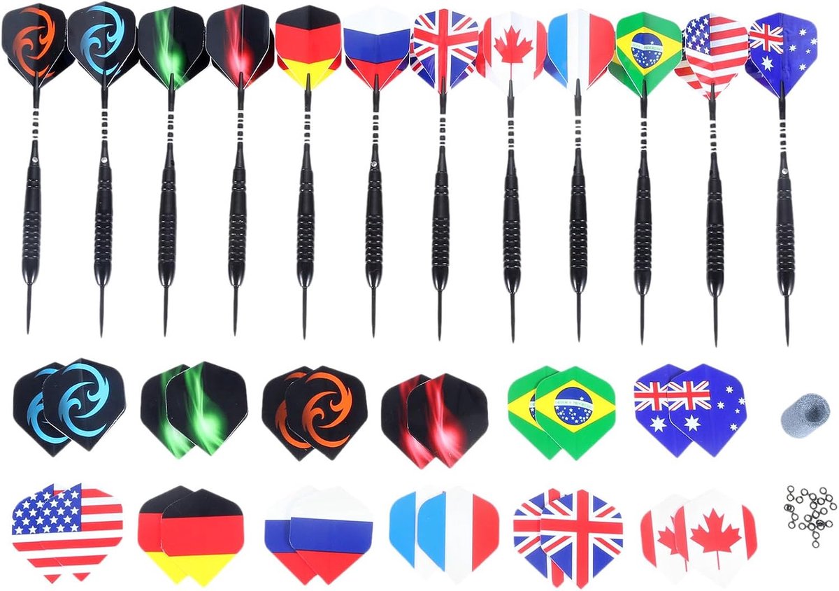 SnelShoppen - 12 Stuks Professionele Stalen Darts Set 22 g met Metaal Tip, Aluminium Schaft, 24 Flights en Anti-Losse Rubber Ringen voor Feesten en Sp