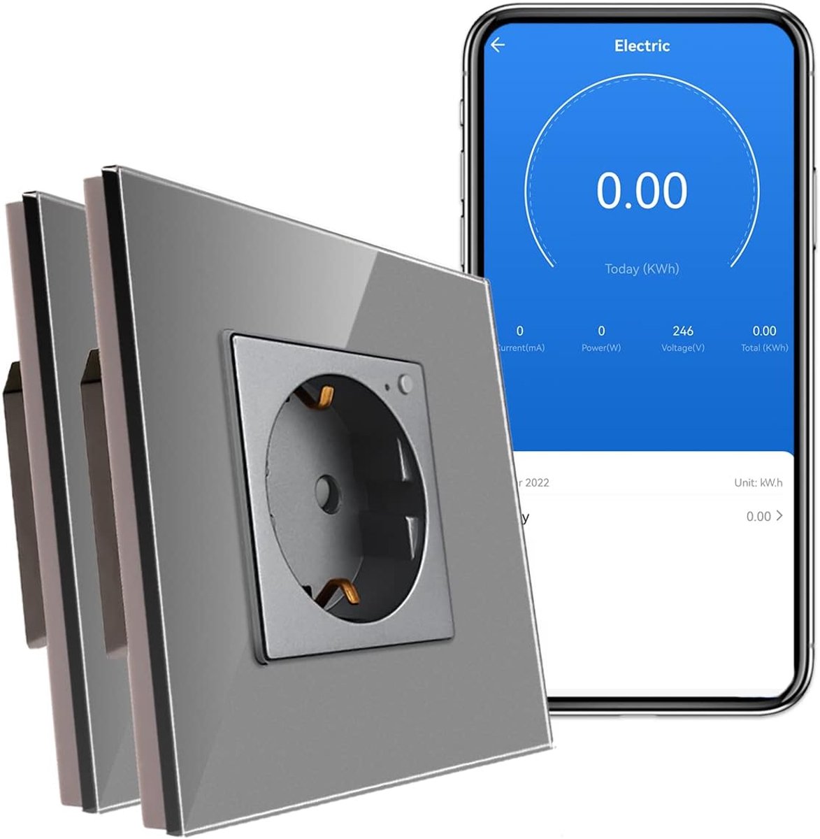 SnelShoppen - Slimme WLAN Schuko Stekkerdoos 16A met Stroommeting, Glazen Smart Socket voor Alexa en Google Assistant, 2.4 GHz WiFi, Zwart, 4 Stuks