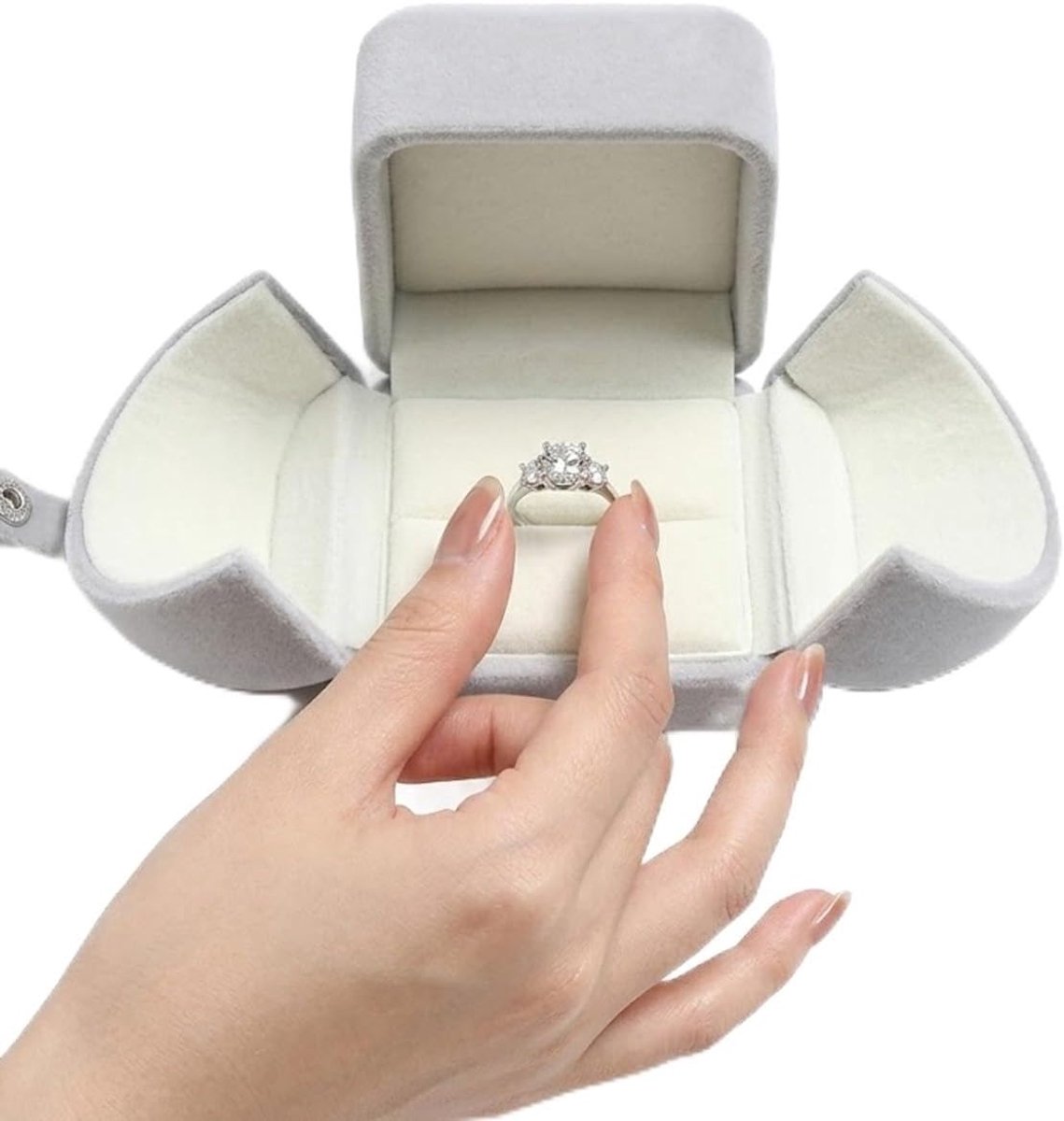 Elegante grijze fluwelen ringdoos voor huwelijksaanzoek, verloving of cadeau - Bescherming voor waardevolle sieraden en accessoires