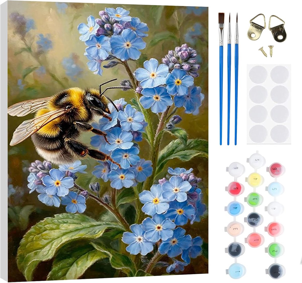 SnelShoppen - Schilderen op Nummeren voor Volwassenen en Kinderen - 20x30 cm Canvas met Acrylverf en Penseel - DIY Schilderij met Bijen en Bloemen - P