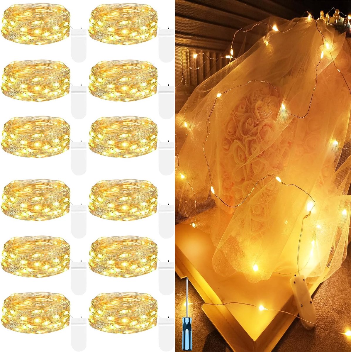 SnelShoppen - 12 x 2m LED Fairy Lights Buiten - Zilveren Draad met CR2032 Batterij - Warme Witte Verlichting voor Kerst, Halloween, Bruiloften, Balkon