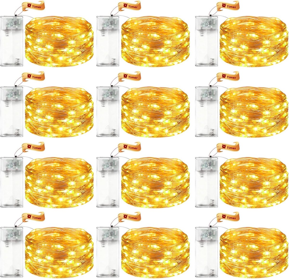SnelShoppen - 12 LED Sfeerverlichting Fairy Lights met Timer - 2m Micro Koperdraad - Warm Wit - Binnenverlichting voor Feest, Tuin, Camping, Kerst