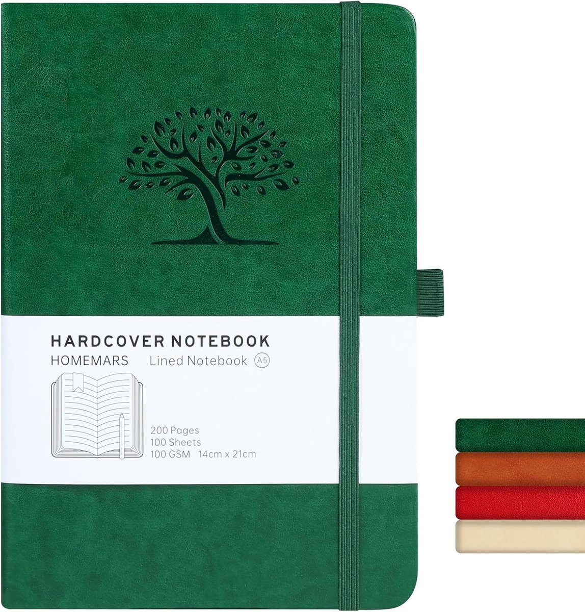 Thijox - A5 Notitieboek, Reisdagboek, Gelinieerd Notitieblok met 200 Pagina's, Groen Leer met Reliëfboomdesign, Ideaal voor Reizen, School en Notities